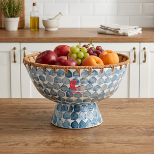 Cuenco con Base de Ratán e Incrustaciones de Madreperla, Decorativo, para Almacenamiento de Frutas, con Mosaico Azul de Lujo, Centro de Mesa Artesanal Sostenible - Product Image 5