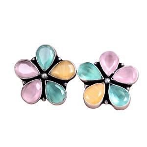 Brass Oxidized Silver Bezel Setting Pear Cut Flower <b>Stud</b> <b>Earrings</b> Women | Multicolor Gemstone Boho Party <b>Earrings</b> | Handmade - Product Image 1