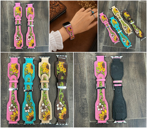 New Premium Pink Genuine Leather <b>Watch</b> Band with Sunflower <b>Tooling</b> Western Style Smart Female <b>Watch</b> <b>Strap</b> Replacement for Gifts - Product Image 3