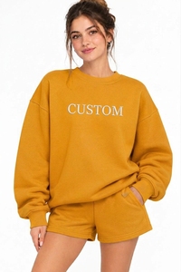 เสื้อสเวตเชิ้ตคอกลมแบบเรียบ OEM ODM สำหรับผู้หญิง เสื้อสเวตเชิ้ตโอเวอร์ไซส์ สไตล์อเมริกันสตรีทเทรนด์ เสื้อพูลโอเวอร์ลำลองแบบเรียบ ชุดสองชิ้น - Product Image 3