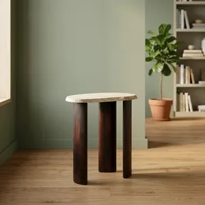 Modern Stone Top Wood Side <b>Table</b> Minimalist Design Living Room Furniture Handmade Round Side <b>Table</b> - Product Image 1