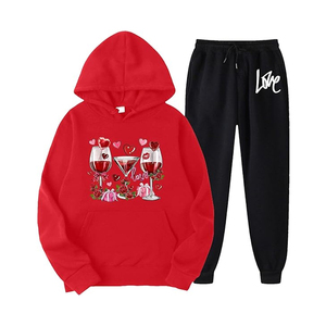 Conjunto Deportivo Casual de Otoño para Mujer, Sudadera Morada con Estampado de Copa de Vino y Pantalones Deportivos Negros con Estampado de Amor, Manga Larga, Transpirable - Product Image 4