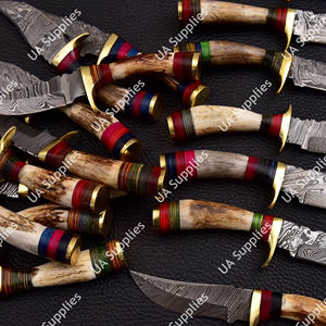 มีดทำมือเหล็กดามัสกัสแบบขายส่ง ใบมีดแบบดรอปพอยต์อเนกประสงค์ สำหรับตั้งแคมป์ ล่าสัตว์ กู้ภัย ด้ามเขาสัตว์ - Product Image 5