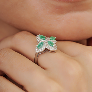 Stunning 925 Sterling <b>Silver</b> Four Leaf Clover Genuine Marquise Cut <b>Emerald</b> Fine Jewelry <b>Ring</b> Bulk Order Available - Product Image 4