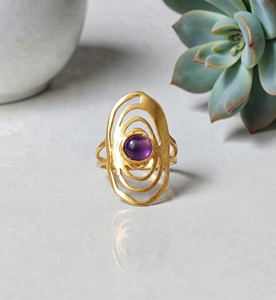 Purple Amethyst Swirl Statement <b>Ring</b> Handmade <b>Chunky</b> Boho Natural Gemstone 18K Gold Plated Brass Geometric Jewelry Gift Women - Product Image 2