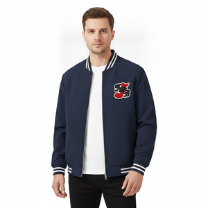 Chaqueta Varsity Azul Marino para Hombre con Logotipo Bordado en Rojo, Cierre de Cremallera, Cuello Camisero, Estilo Preppy, Ropa de Otoño - Product Image 6