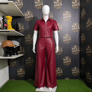 Traje Deportivo Casual de Piel Sintética PU, Diseño Nuevo y Personalizado, Manga Corta, Cuello Camisero, Color Borgoña, Precio al por Mayor - Product Image 3