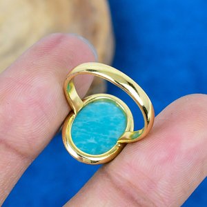 Natural Blue Amazonite Oval Shape Gemstone <b>Ring</b> Handmade 18k Gold Micron Over 925 Sterling <b>Silver</b> - Product Image 4