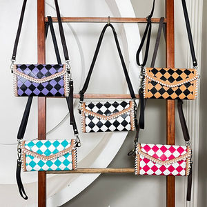 Trendy Ladies Hand <b>Tooled</b> Genuine Cowhide <b>Leather</b> Crossbody Bag Checkered Pattern Sling Purse Handmade Clutch Adjustable Strap - Product Image 5