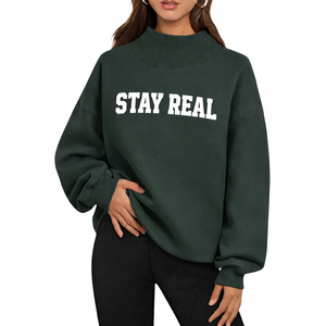 Women's Brown Oversized Mock Neck Stay Real Graphic Sweatshirt <b>Drop</b> Shoulder Long Sleeve Casual Fleece Pullover Loose Fit - Product Image 4