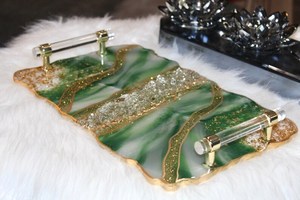 Handmade Emerald Green Glitter Resin <b>Tray</b>: Gold Handle <b>Vanity</b> <b>Tray</b> - Product Image 2