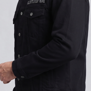 <b>Men's</b> Black Denim <b>Jacket</b> Mandarin Collar Embroidered <b>Lettering</b> Casual Outerwear Regular Fit Single Breasted Denim <b>Jackets</b> <b>Men</b> - Product Image 4