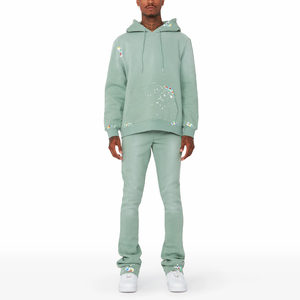Ensemble de survêtement décontracté pour homme en polaire polyester vert clair à capuche 220g, couleur unie, séchage rapide, longueur intégrale, collection automne - Product Image 1