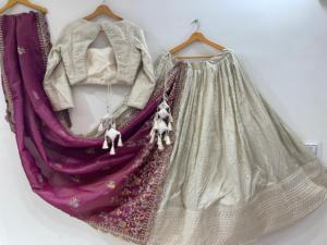 White Beaded Lehenga Choli With Purple Embroidered Dupatta Silk <b>Blend</b> Traditional Dress For Wedding Party Women - Product Image 2