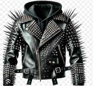 Blouson de moto en cuir de vachette violet clouté avec fermeture éclair et décorations à rivets, col rabattable, manches longues - Product Image 4