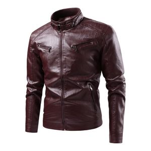 Chaqueta de Moto para Hombre, Negra, de Cuero Genuino Ecológico, Impermeable, con Cuello Alto, Cierre de Cremallera, Corte Ajustado, Largo Regular, Color Sólido - Product Image 3