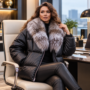 Women Leather Puffer Jacket | <b>Fox</b> <b>Fur</b> Hood, Quilted Winter Coat, Lederjacken Damen - Product Image 6