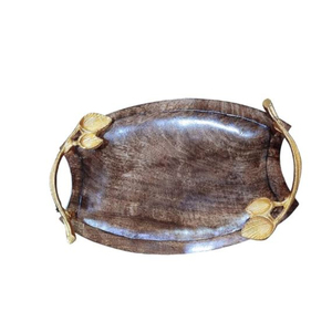 Plateau de service rectangulaire long en bois de manguier de luxe avec poignée en bois de cerf argenté pour charcuterie, thé et café - Product Image 3