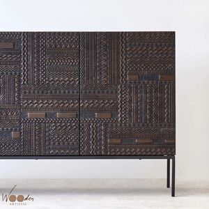 Modern Tribal Solid Wood Sideboard Carved Wooden Side Cabinet <b>Black</b> Storage <b>Console</b> for Dining Room Entryway - Product Image 2