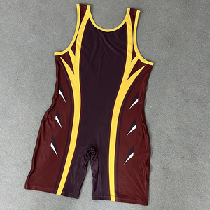 Men's Maroon Yellow Wrestling Singlet One-Piece Fitted Spandex Polyester Stretch Martial Arts Wear Adult Size - Product Image 2