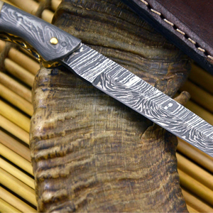 Couteau de chasse en acier Damas, lame à pointe tombante, avec manche en bois et étui en cuir, OEM, pour usage en plein air et camping - Product Image 3