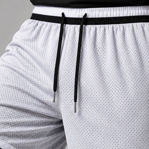 Men's <b>Black</b> Mesh Bermuda Shorts With White Stripe Drawstring Quick Dry Sporty Workout Basketball Shorts - Product Image 4