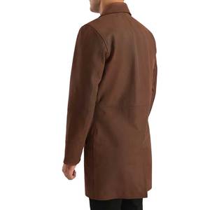 <b>Men's</b> Brown Genuine <b>Leather</b> Double Breasted Notch Lapel Button <b>Trench</b> Knee Length Overcoat - Product Image 4