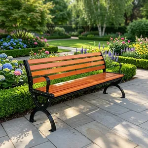 Banc de parc moderne en lattes de bois avec structure en fonte noire, accoudoirs incurvés et design durable pour l'extérieur - Product Image 1