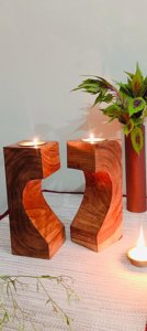Artisan Crafted Wooden Tealight Holder Hand Cart Heart Design Contemporary Geometric Candle <b>Stand</b> for Luxury Home Decor - Product Image 4