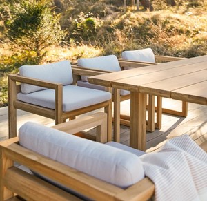 Solid Teak Wood <b>Rectangular</b> Outdoor Dining Table Set 6 Piece Blocky Frame Armchairs with <b>Cushion</b> - Product Image 2