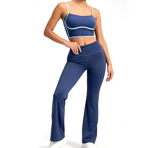 Women 2 Piece Yoga Set Blue <b>Crop</b> <b>Top</b> With Contrast Binding High Waist Flared Leggings Activewear Fitness Yoga Sets - Product Image 1