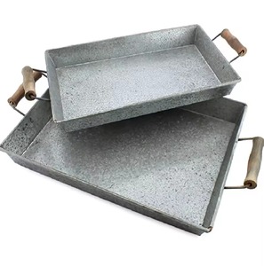 New Arrival Rectangular Metal Decorative Tray With Wooden Handles Industrial Style Galvanized Finish 2Pcs <b>Set</b> - Product Image 2