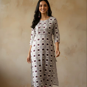Womens White Printed Cotton Straight Kurti Round Neck <b>Three</b> Quarter Sleeve Regular Length Fully Stitched Ethnic Wear Summer Top - Product Image 1