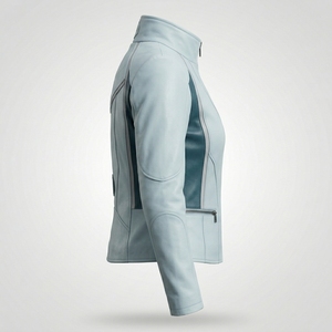 Ice Blue Dark Teal Contrast Genuine Leather <b>Women</b> High Stand Collar Zip Front Biker Racer Outerwear <b>Coat</b> - Product Image 4