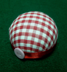 AA0279 Wrist <b>Pin</b> Cushion | Hand <b>Sewing</b> Accessories| Red White Checkered Round <b>Pin</b> Cushion With Button <b>Sewing</b> Accessory - Product Image 1