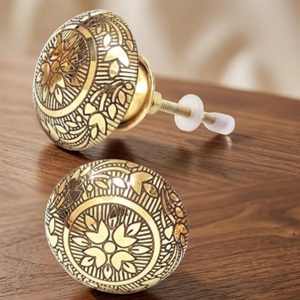 Traditional Brass Cabinet Knob Round Etched Floral Design Furniture Handle for Storage Closet Drawer <b>Door</b> - Product Image 1