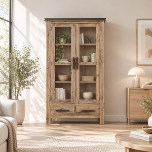 ATLAS Collection Modern Wooden Living Room Cabinet Made Of Acacia Wood, Glass Display Doors And Storage Drawers - Product Image 1
