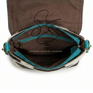 Women Regular Use Leather Purse Turquoise Leather <b>Black</b> & White Hair On Hide Fur Crossbody Sling <b>Bag</b> with Adjustable Strap - Product Image 5