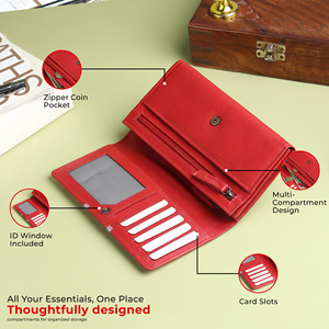 WRIZA Genuine Leather Fashion Women Wallet RFID Protection <b>Red</b> Clutch <b>Purse</b> Push Button Closure Card Slots Coin Pocket Summer - Product Image 3