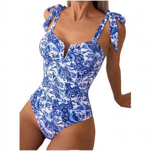 Traje de baño de una pieza azul para mujer con cuello en V, diseño tie-dye, cintura alta, control de abdomen y cordón ajustable, ideal para piscina - Product Image 1