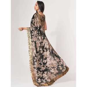 Sorprendente Sari de organza con estampado floral negro con blusa - Product Image 4