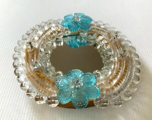 Murano <b>Mirror</b> Blue Flowers Glass <b>Tabletop</b> Perfume Vanity Tray or Wall Hanging Gold Accent Vintage Italy Italian Wood Backing - Product Image 2