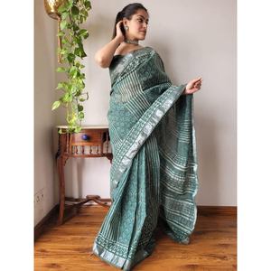 IMPRESSION NUMÉRIQUE EN LIN ATTRACTIVE AVEC BORDURE ARGENT TRAVAIL SAREE AVEC BOLUSE NON COUDU VERT - Product Image 1