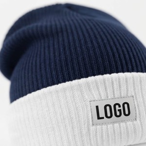Wholesale Two Tone Rib Knit Beanie Custom Woven Label Cuffed <b>Hat</b> Warm <b>Winter</b> Wear Fashion Headwear For <b>Men</b> Women Custom Logo - Product Image 3