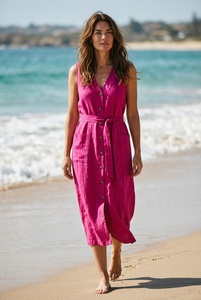 Robe longue fluide décontractée pour femme, sans manches, col en V, taille naturelle, style bohème, éco-responsable, idéale pour l'été, la plage et les vacances - Product Image 1