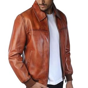 OEM Men Genuine Leather Bomber Jacket Custom Front Logo <b>Stand</b> Collar High Street Slim Fit Winter <b>Coat</b> Fashion Casual Outerwear - Product Image 2