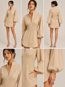 Robe Tunique Chic à Col Montant et Taille Smockée pour Femme, Manches Longues, 100% Coton, Mini-Robe Courte, Taille Naturelle, Style Moderne pour le Bureau - Product Image 3