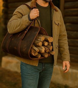 Sac de transport robuste en cuir véritable pour bûches, accessoires de camping et de foyer extérieur LLR-0101 - Product Image 5