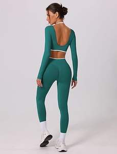Conjuntos Deportivos de 2 Piezas para Mujer, Top Corto Halter de Manga Larga con Paneles en Contraste y Leggings de Cintura Alta, Conjuntos Deportivos - Product Image 5