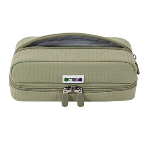 Trousse de rangement A5 en nylon vert olive à double fermeture éclair et texture quadrillée pour papeterie, fabriquée au Vietnam - Product Image 1